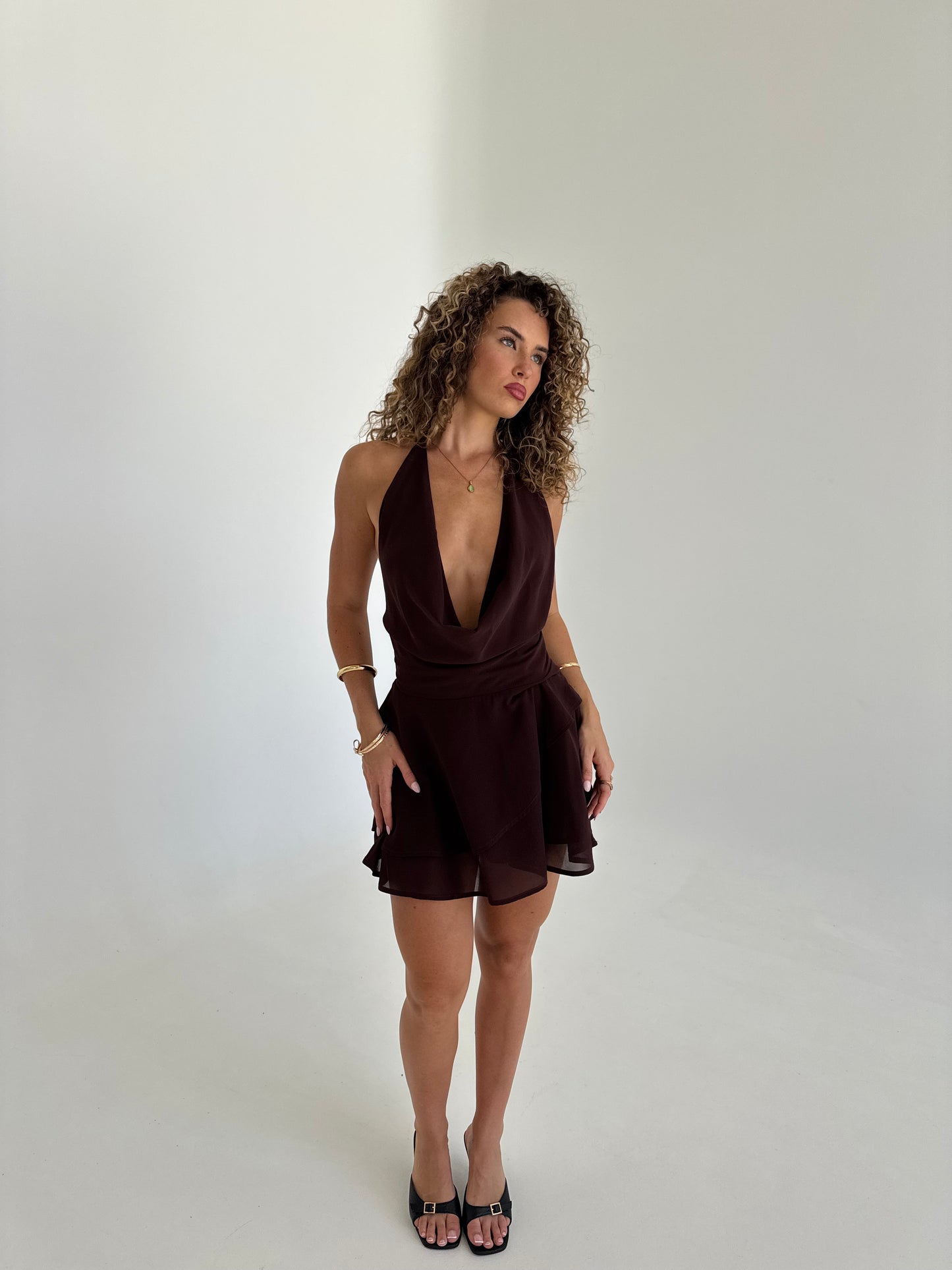 Desire Halter Cowl Mini Dress - Chocolate