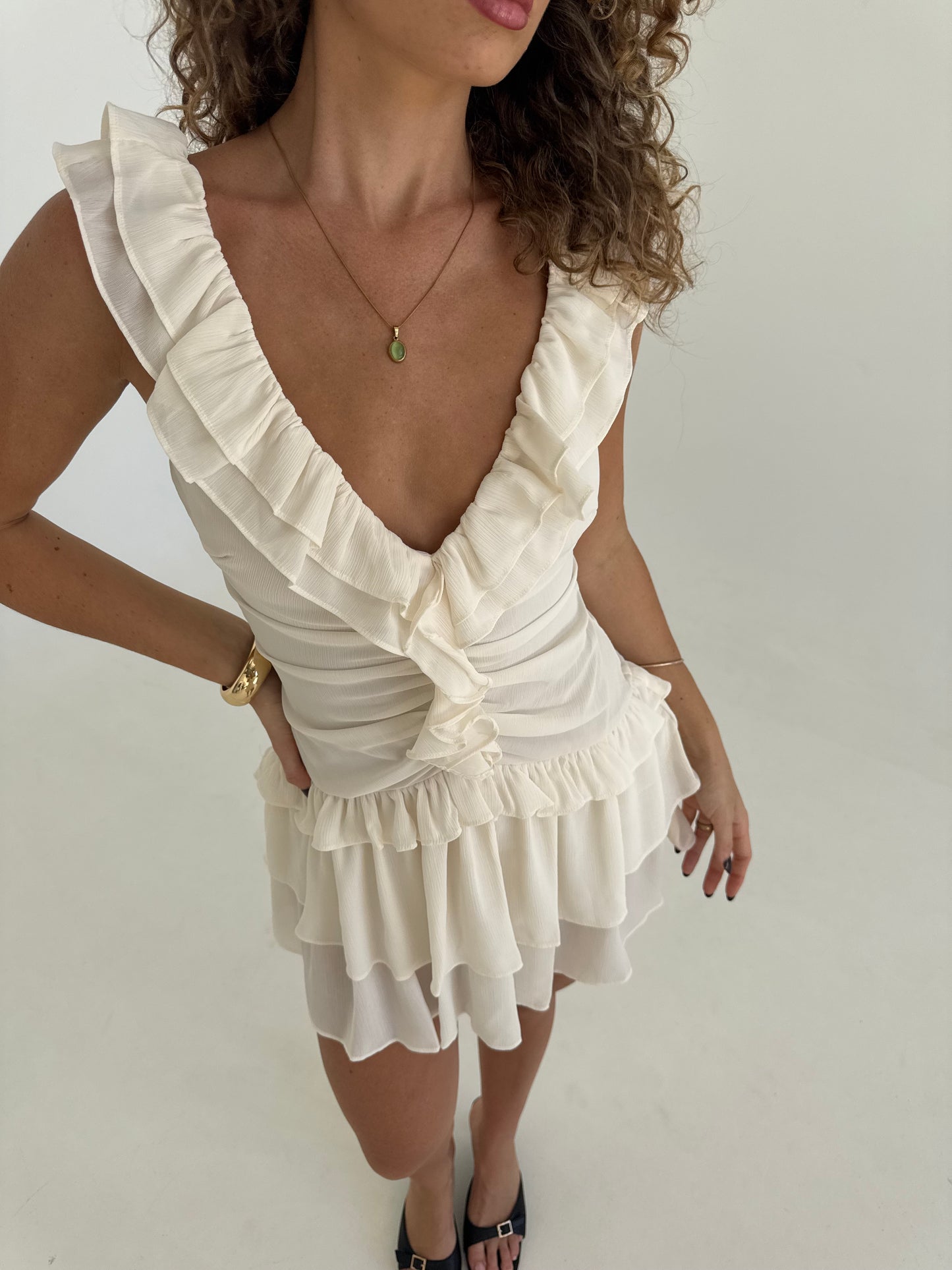 Luna Ruffle Mini Dress - Pearl