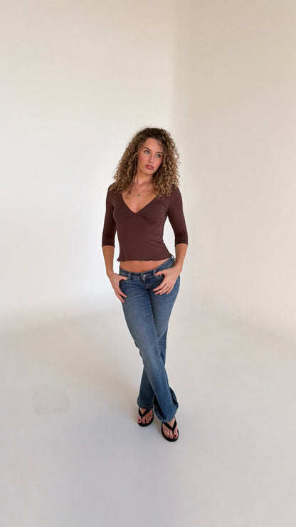 Blair 3/4 V-neck Crop - Chocolate