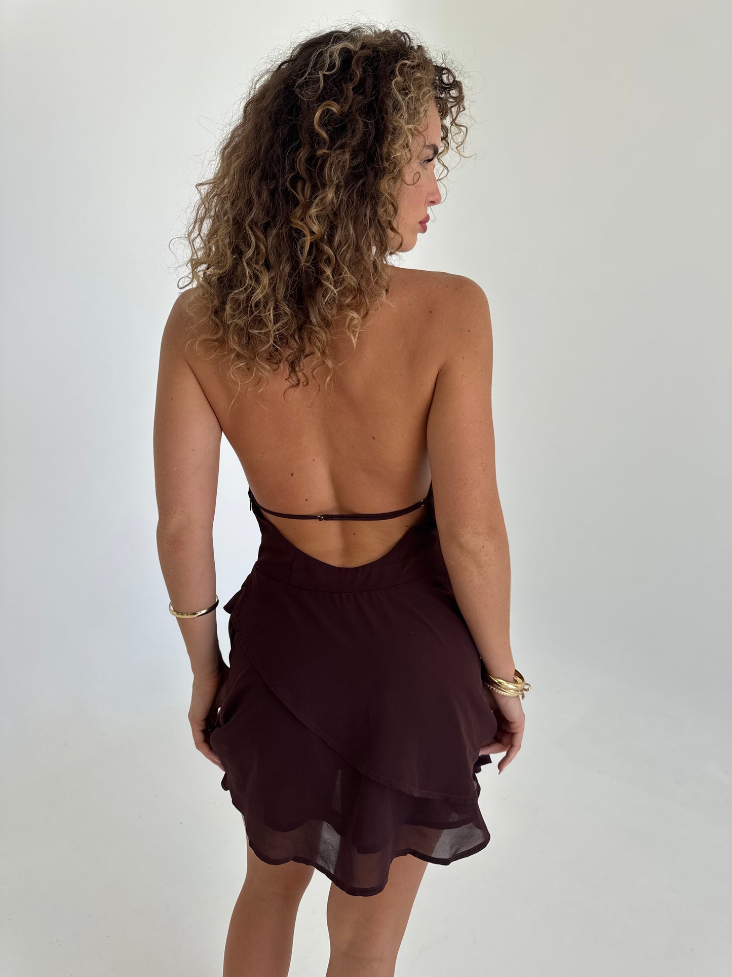 Desire Halter Cowl Mini Dress - Chocolate