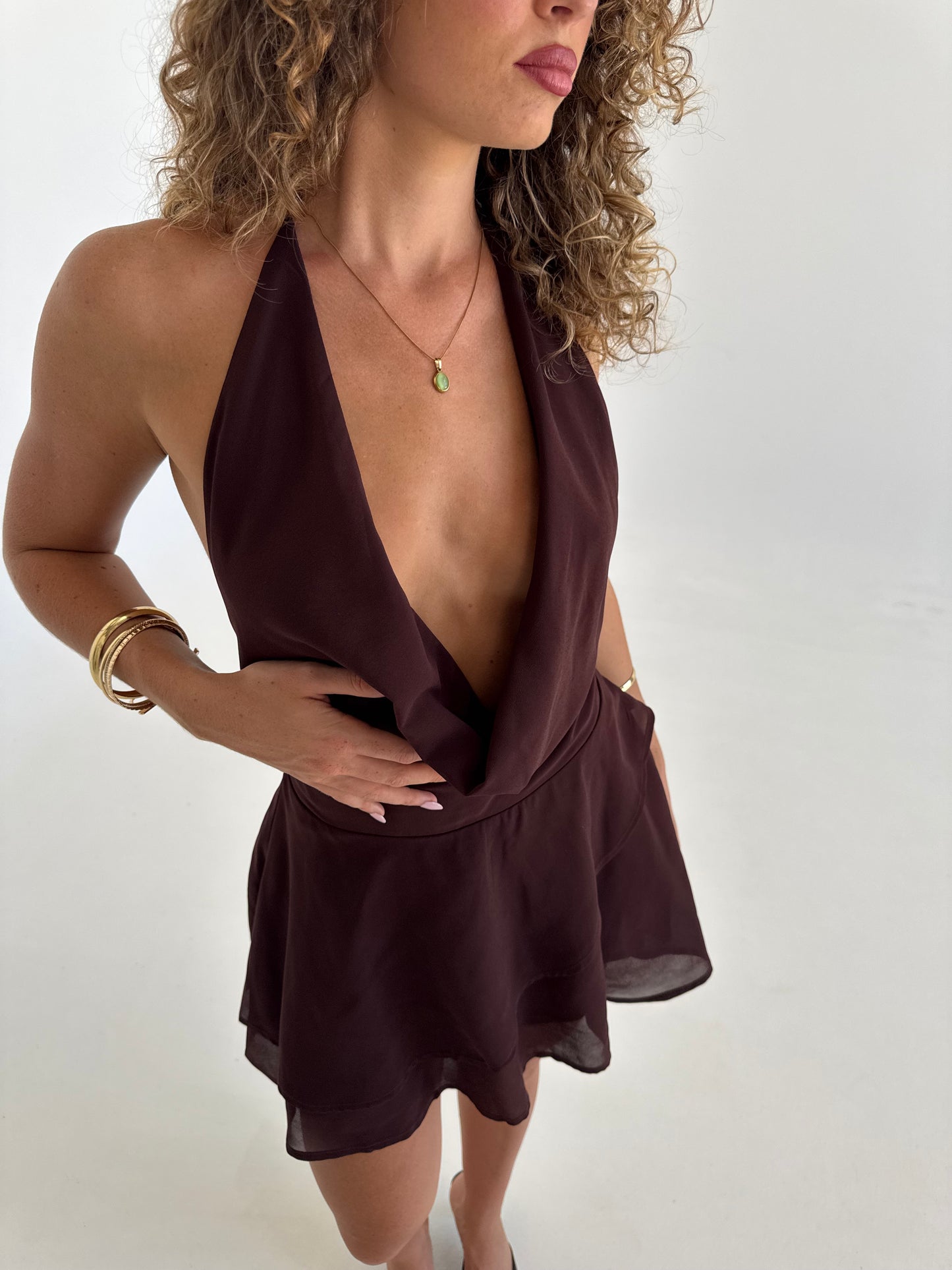 Desire Halter Cowl Mini Dress - Chocolate