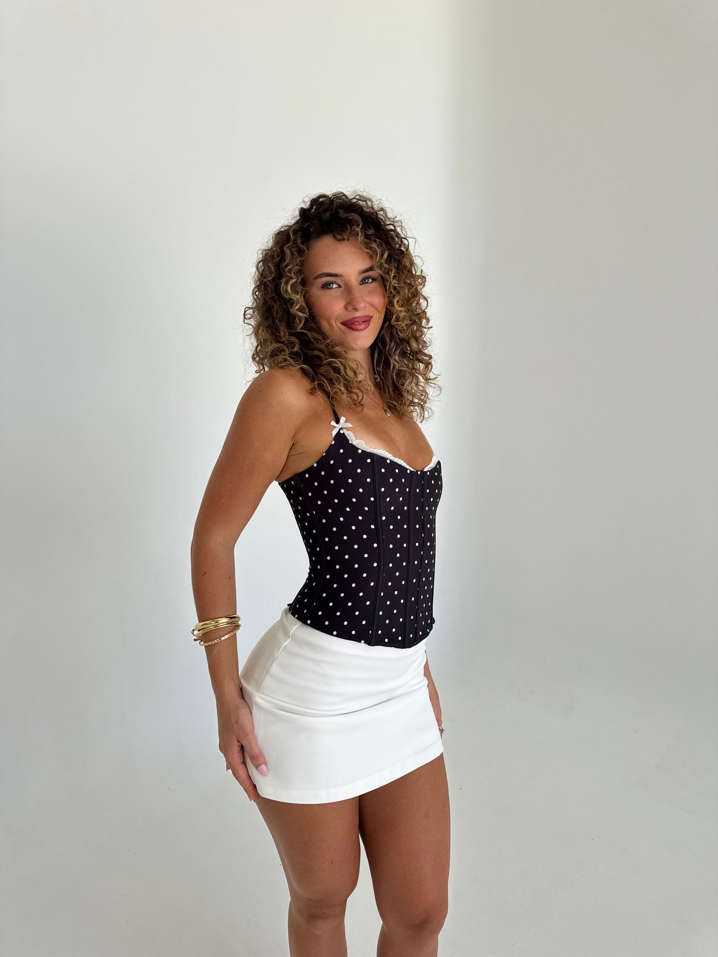 Eclipse Lace Trim Bustier - Black & White Polka Dot