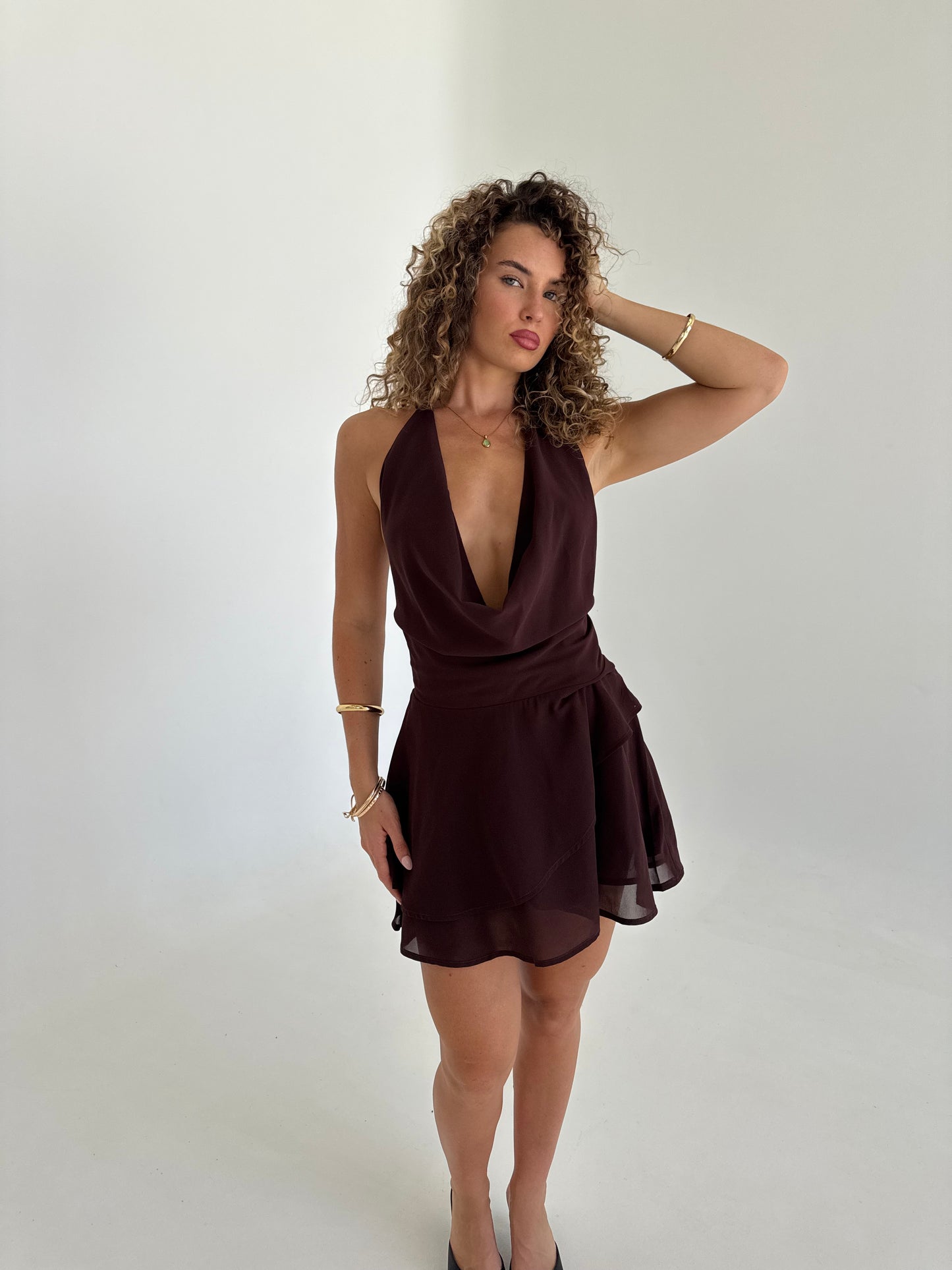 Desire Halter Cowl Mini Dress - Chocolate