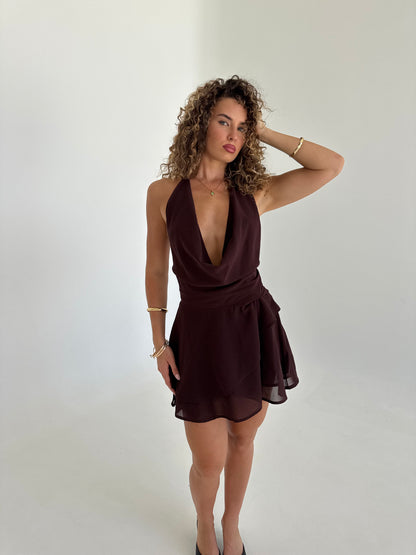 Desire Halter Cowl Mini Dress - Chocolate
