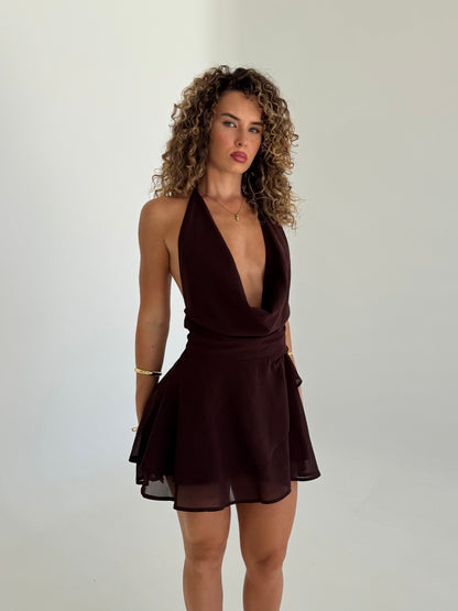 Desire Halter Cowl Mini Dress - Chocolate