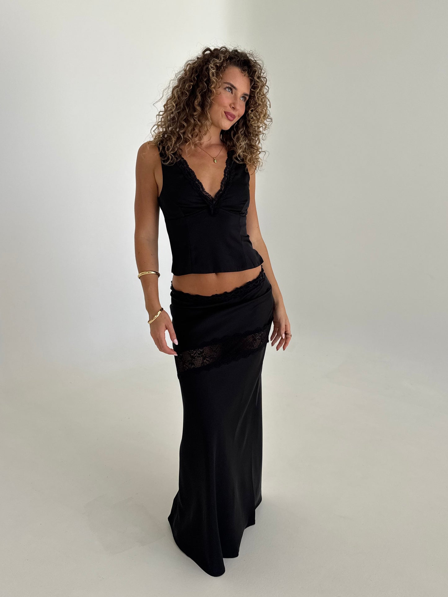 Angel Lace Trim Maxi Skirt - Black