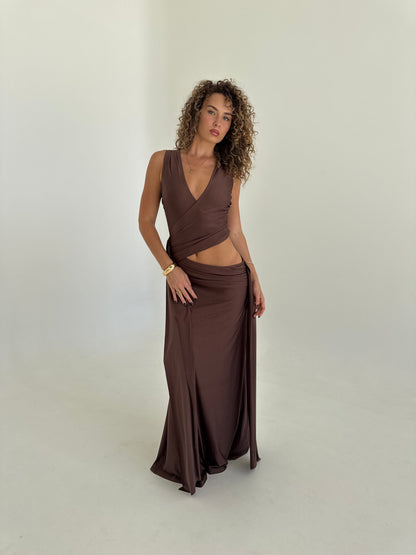 Muse Deep Plunge Maxi Dress - Bitter Chocolate