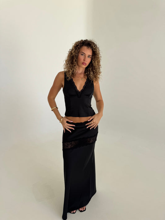 Angel Lace Trim Maxi Skirt - Black